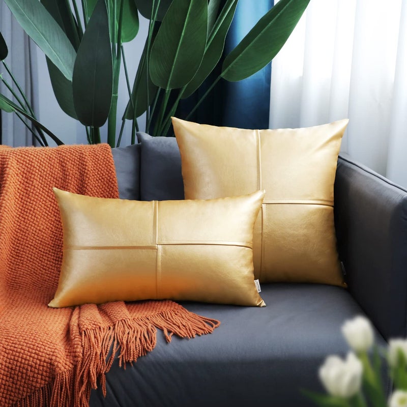 BRAWARM Faux Leather Throw Pillow Covers 16 X 16 Inches, Gold Leather Pillow Covers Pack of 2, Hand Stitched Leather Decorative Throw Pillows for Couch Sofa Bed Living Room Home Garden - Image 3